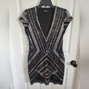 Express Women's Sequin Mini Bodycon Cocktail Dress Cap Sleeves Black Medium